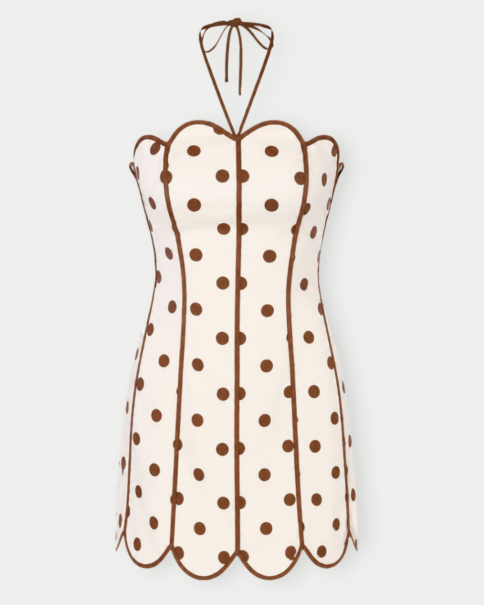 Brown Polka Dot Halter Mini Dress cream with Brown Polka dots / Large
