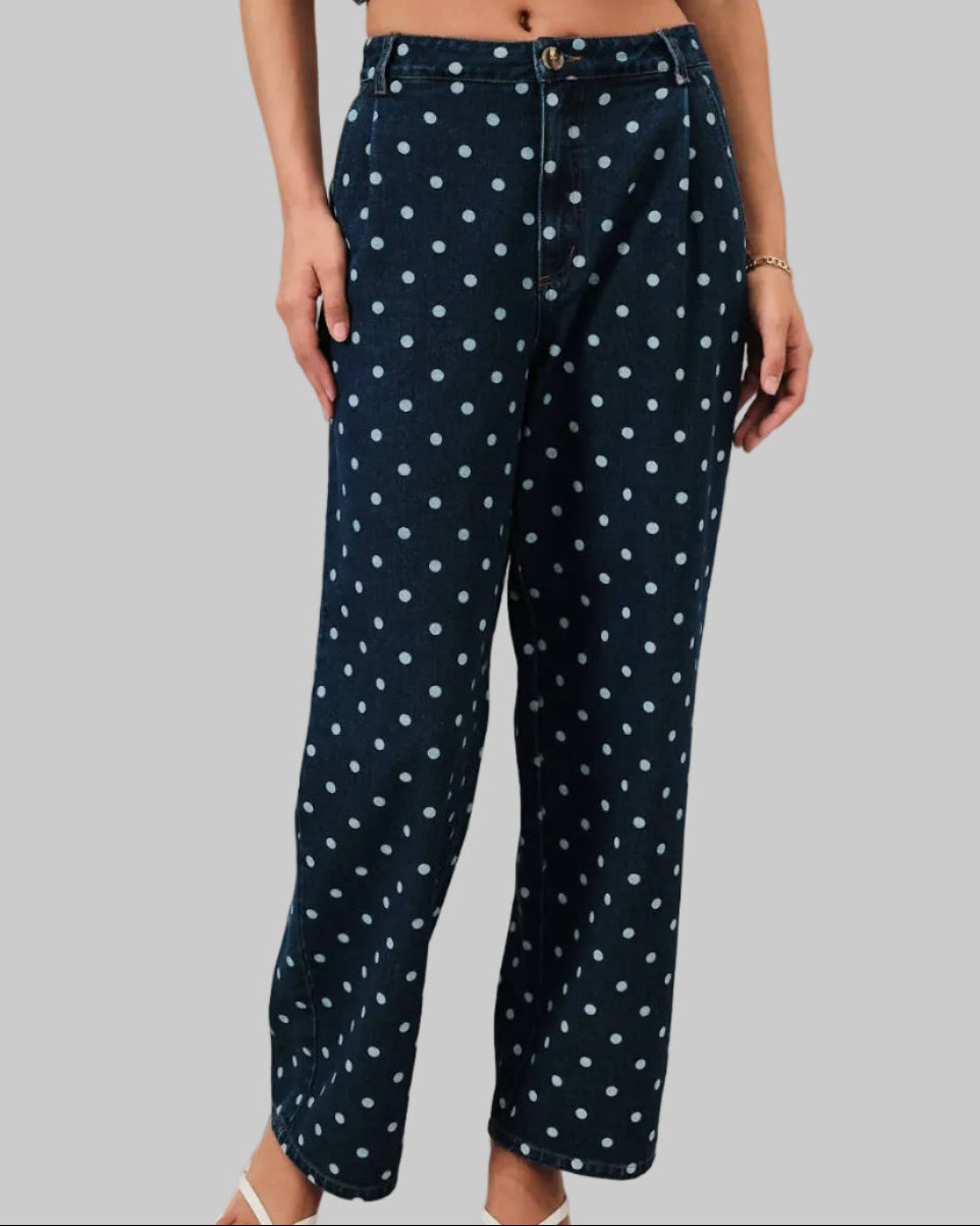 A model wearing navy blue wide-leg pants with a white polka dot pattern, shown from the waist down on a solid gray background.