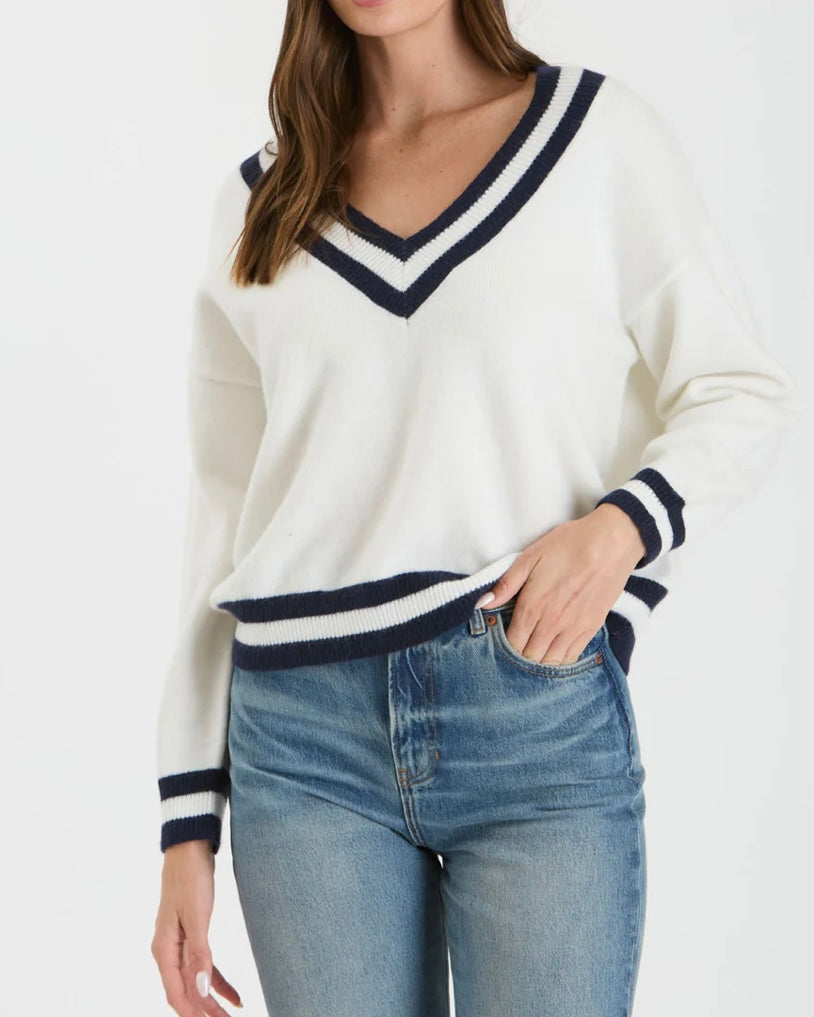 Varsity V-Neck Long Sleeve Knit Sweater