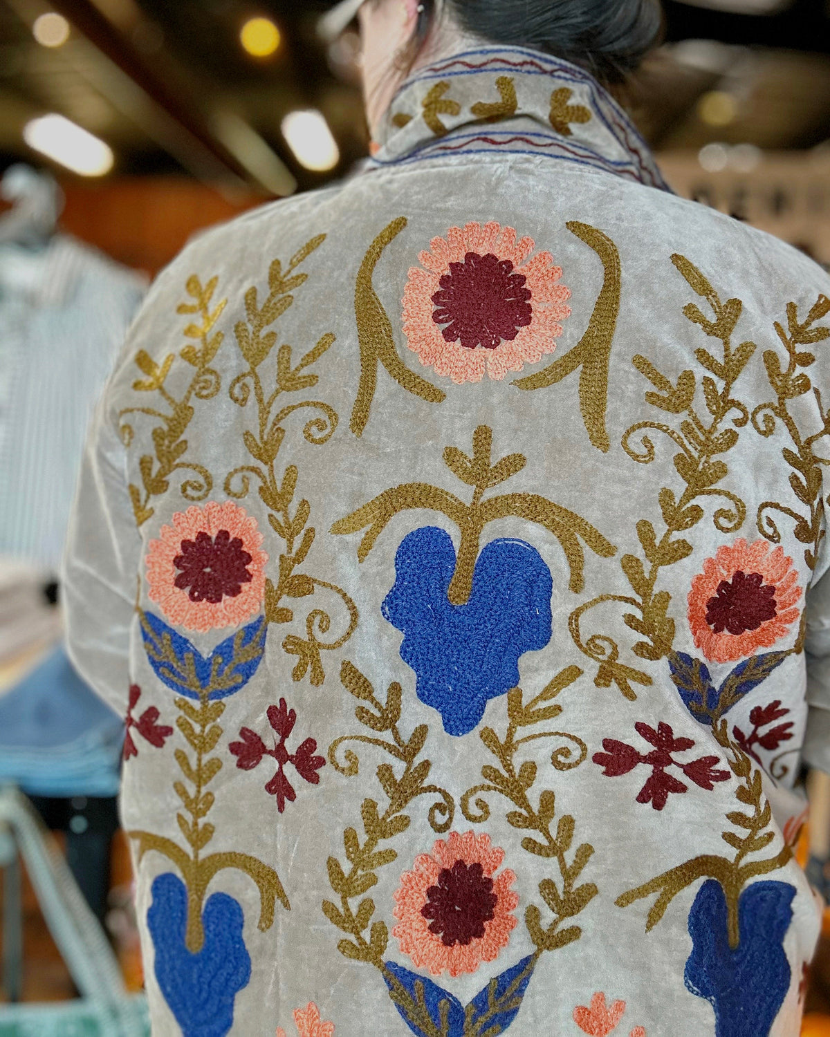 Vine Motifs Embroidered Long Sleeve Contrast Velvet Jacket - Blackbird Boutique