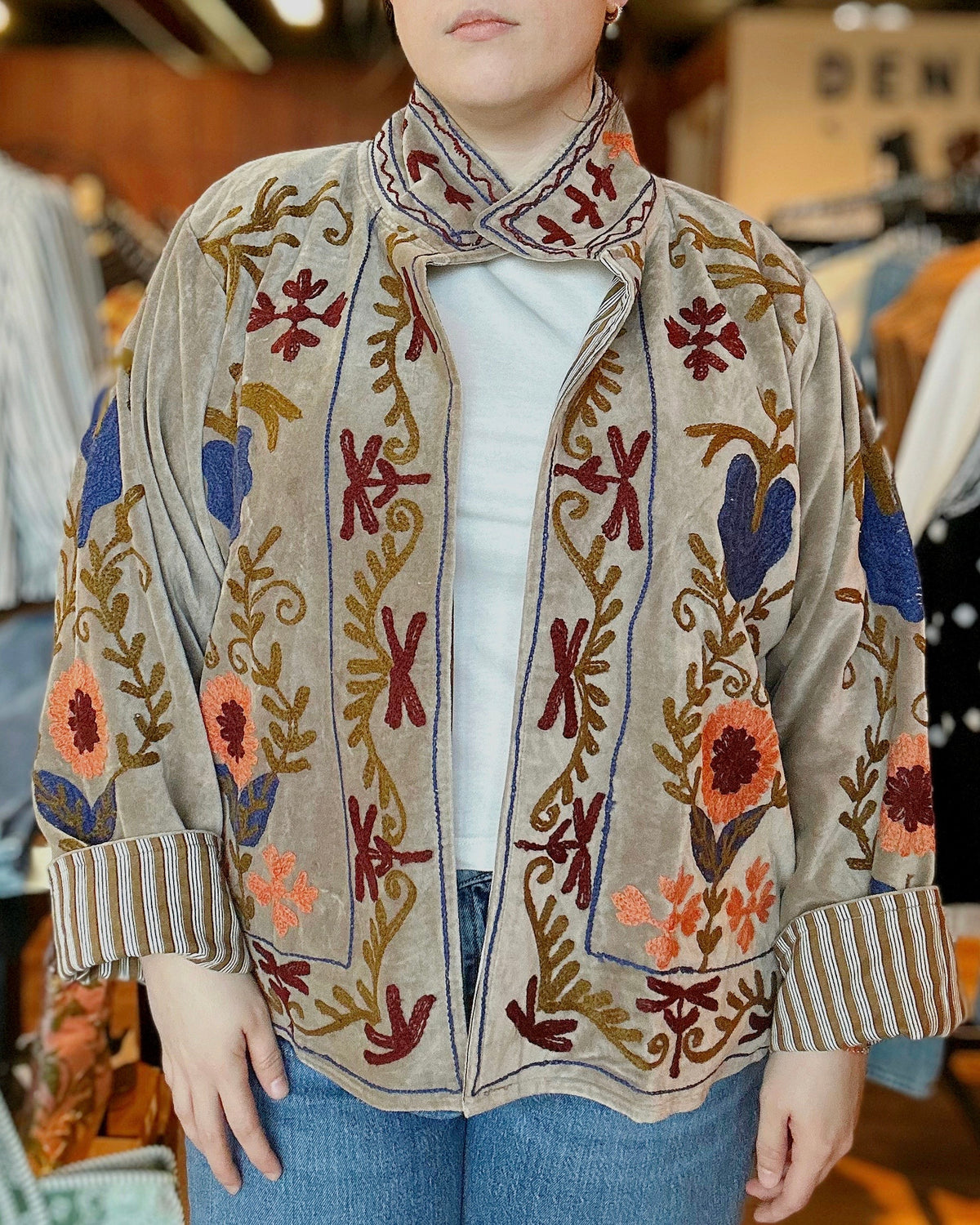 Vine Motifs Embroidered Long Sleeve Contrast Velvet Jacket - Blackbird Boutique