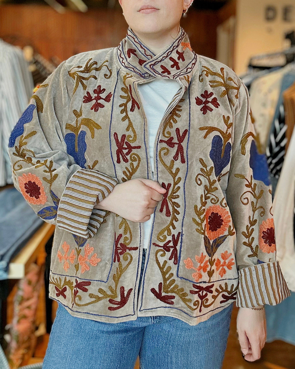 Vine Motifs Embroidered Long Sleeve Contrast Velvet Jacket - Blackbird Boutique