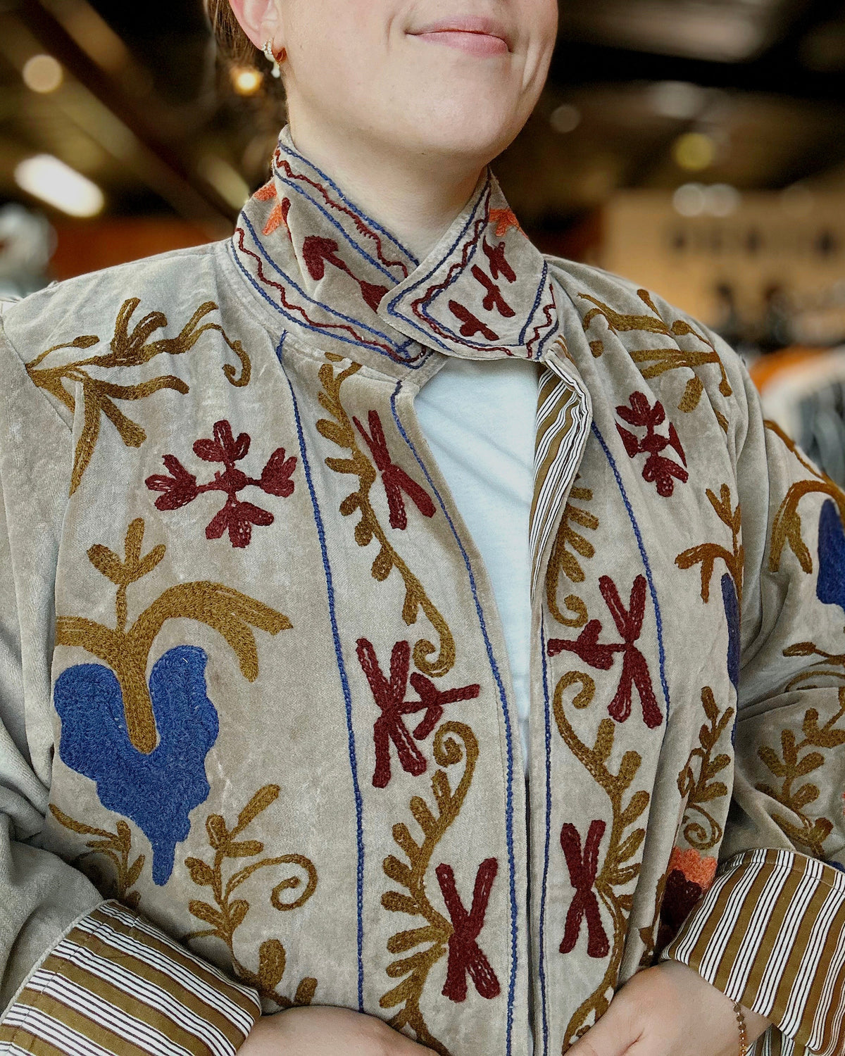 Vine Motifs Embroidered Long Sleeve Contrast Velvet Jacket - Blackbird Boutique