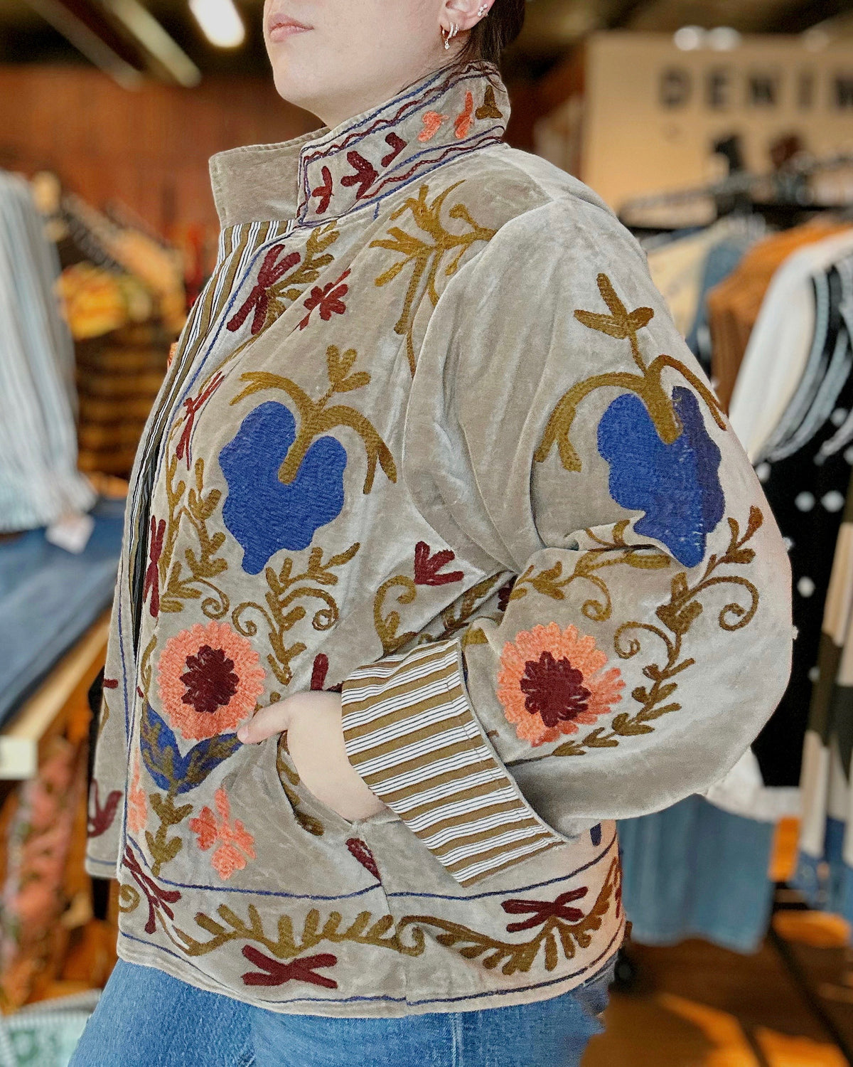Vine Motifs Embroidered Long Sleeve Contrast Velvet Jacket - Blackbird Boutique
