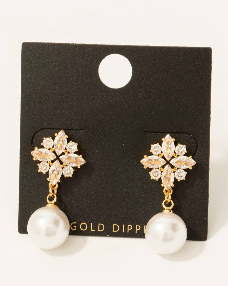 Gold Dipped Cz Cluster Stud And Pearl Charm Earrings - Blackbird Boutique