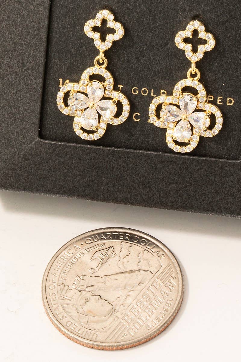 Gold Dipped Cz Pave Double Clover Drop Earrings - Blackbird Boutique