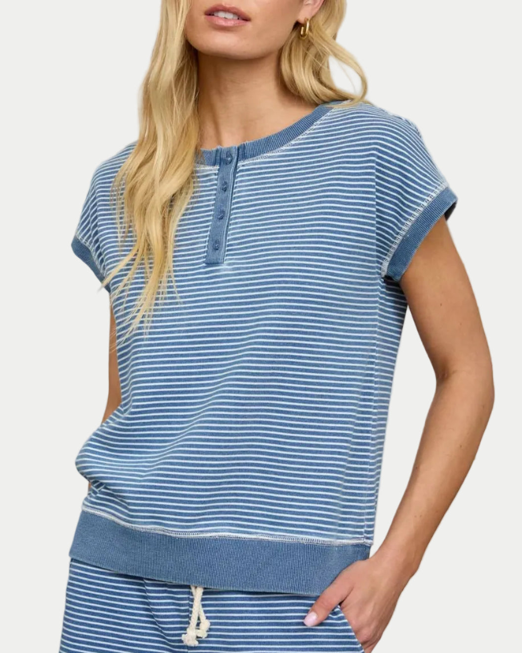 WASHED STRIPE SHORT SLEEVE HENLEY KNIT TOP - Blackbird Boutique