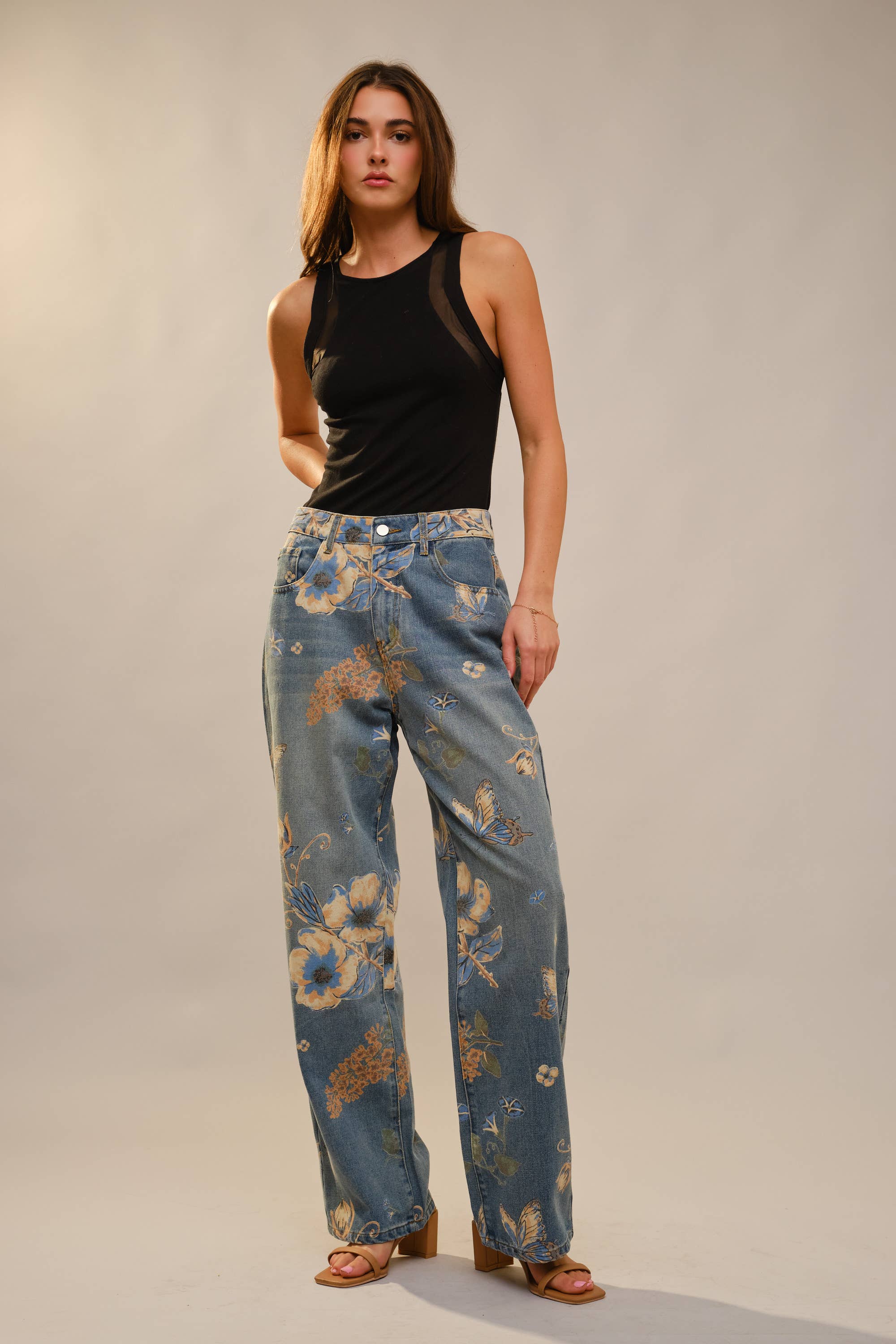 Floral Print Wide Leg Jeans