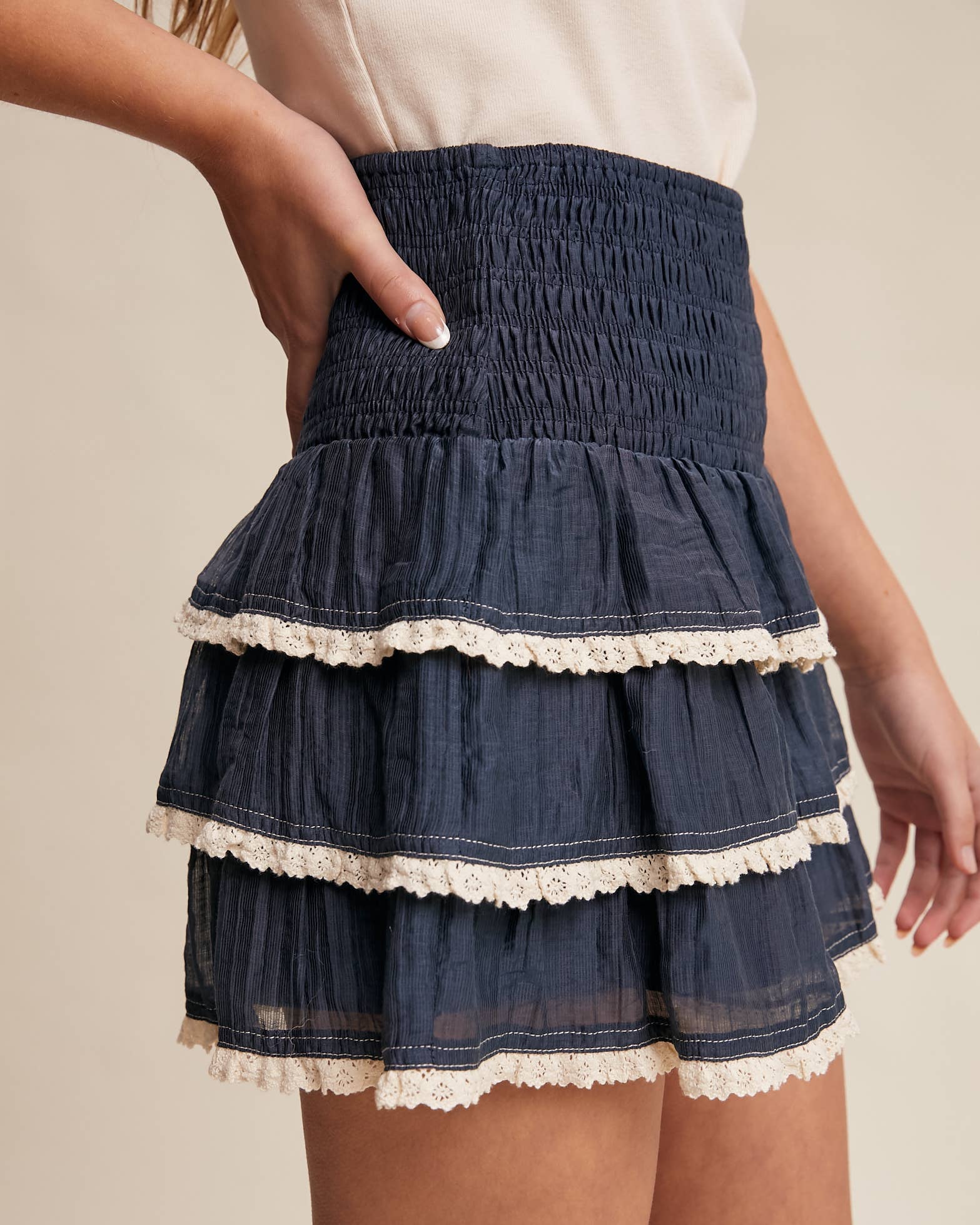 Tiered Ruffle Lace Trim Skort