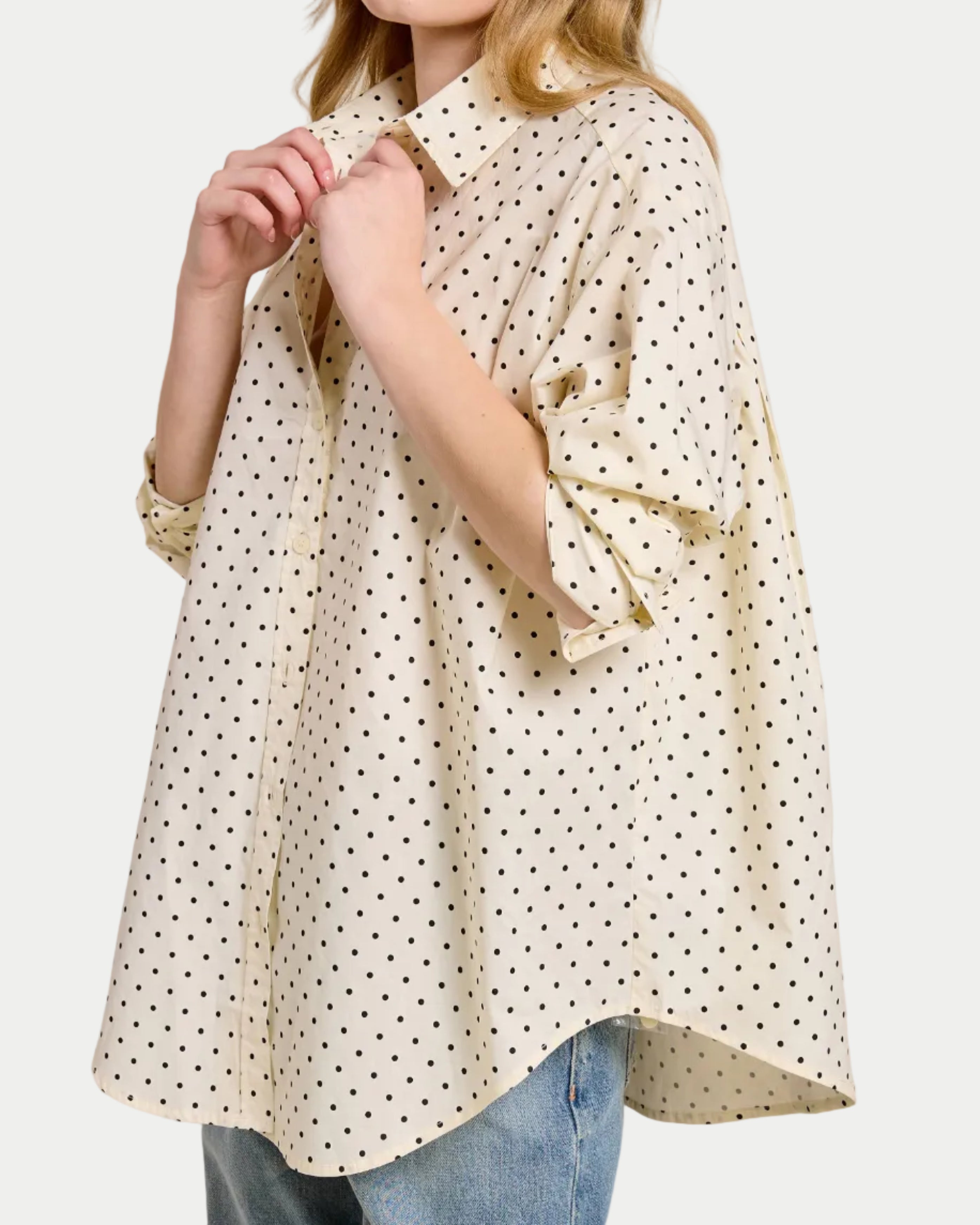 Polka Dot Oversized Button Down Shirt  on a model with a white background