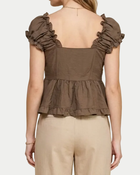 Soft Ruffle Sleeve Button Front Peplum Top on a model back view with a white background- Blackbird Boutique