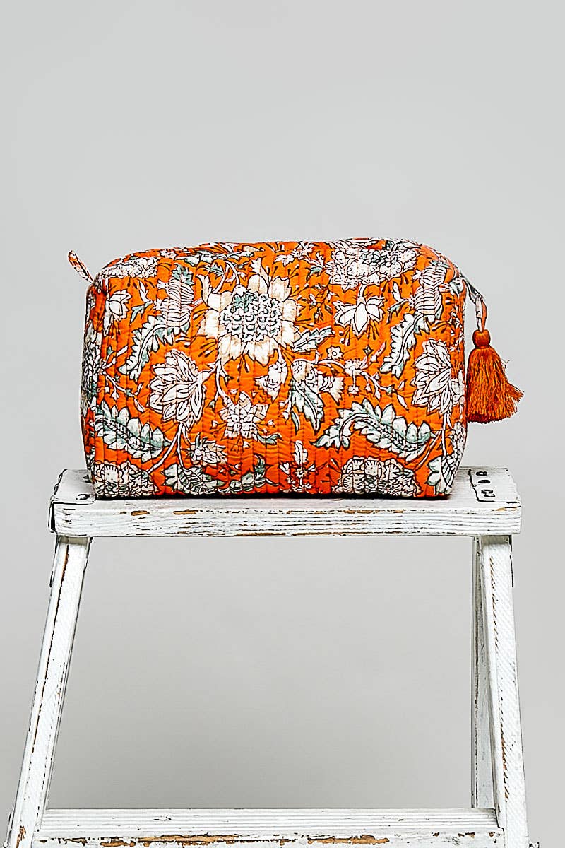 Floral Quilted Tassel Cosmetic Pouch Bag