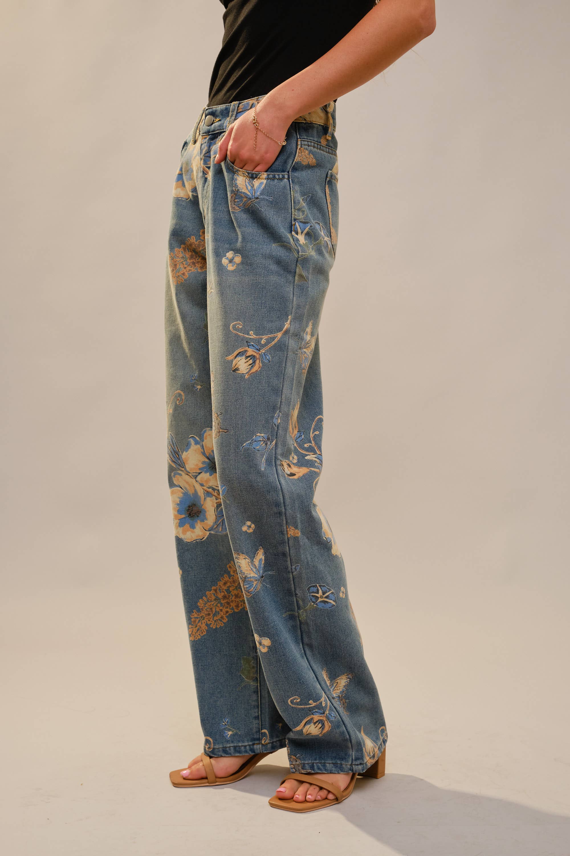 Floral Print Wide Leg Jeans