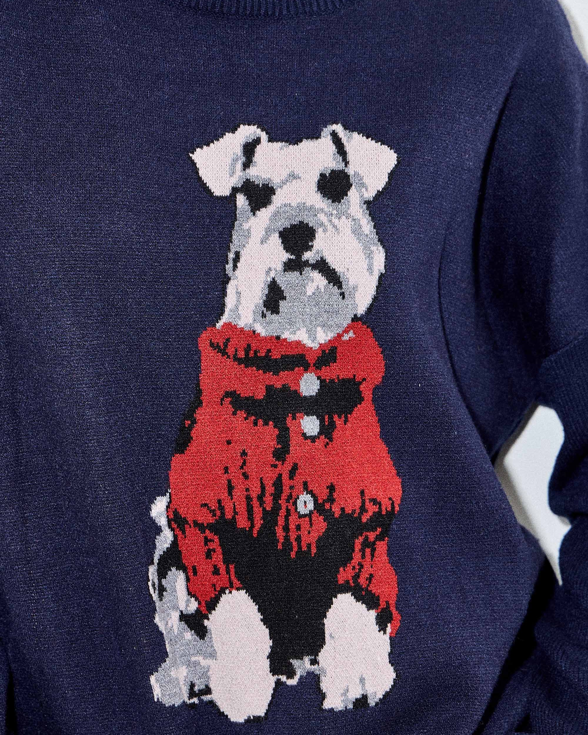 Navy blue sweater with a dog wearing a red coat design on a plain background
