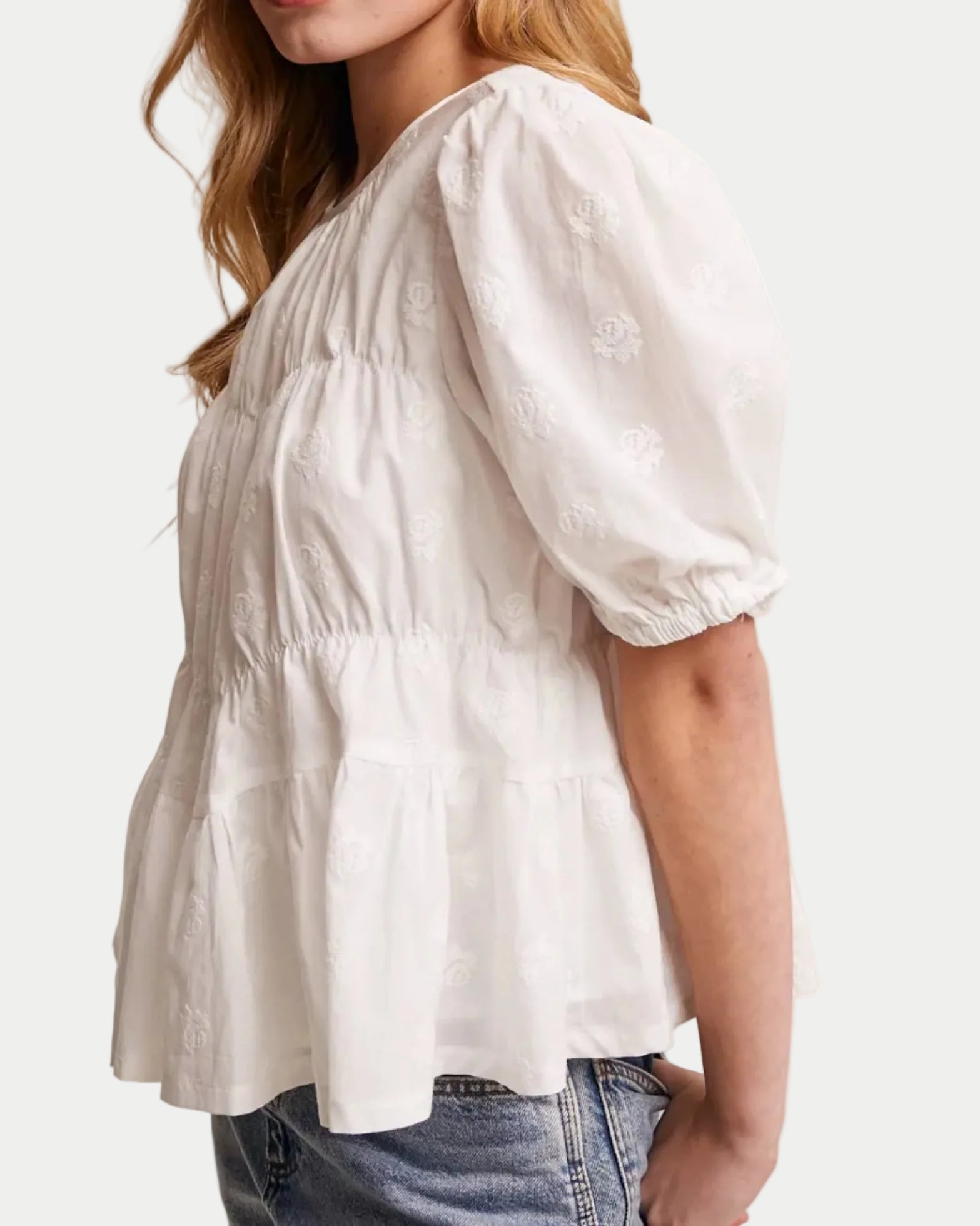 Off White Embroidered Rose Peplum Blouse  - Blackbird Boutique