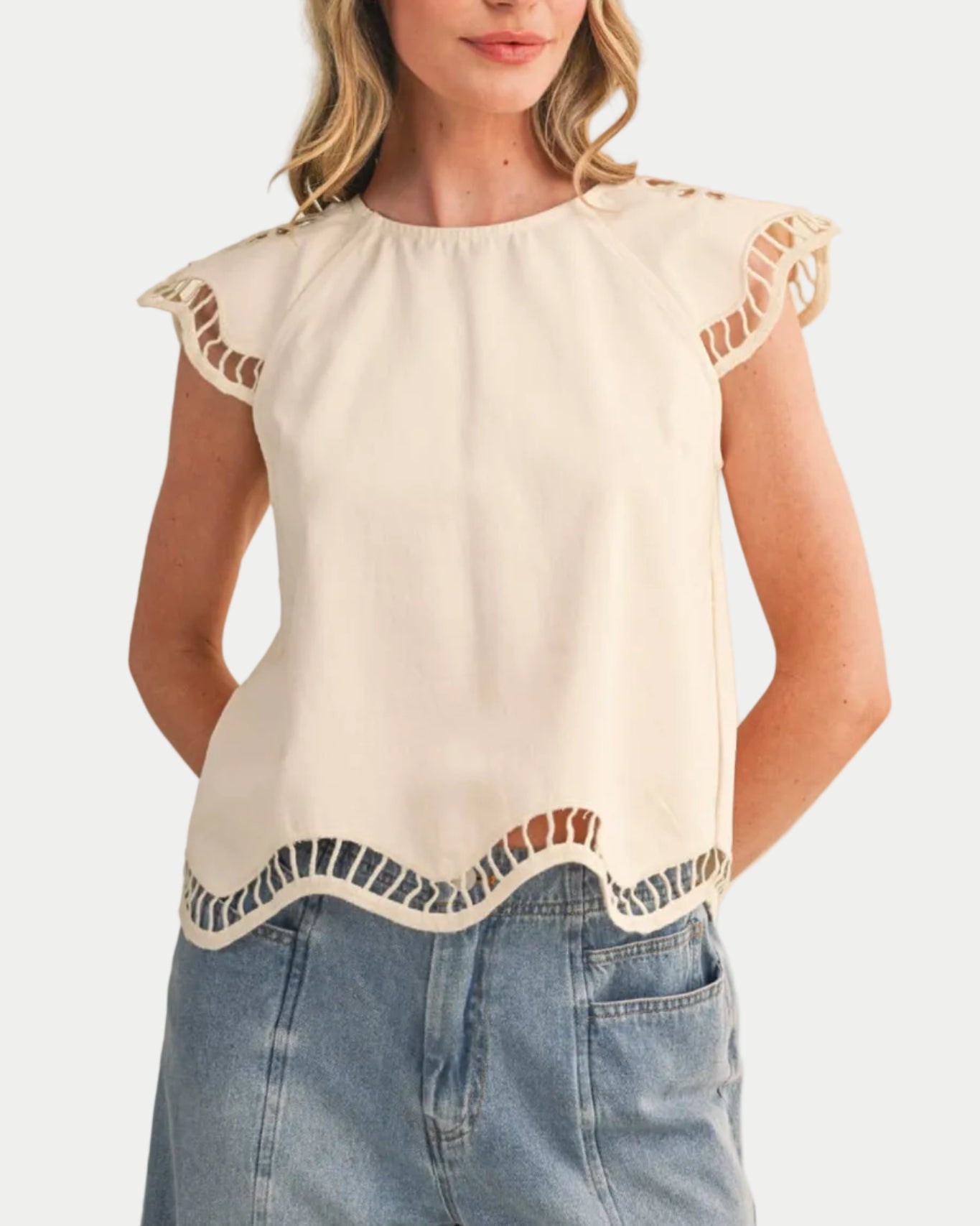 EMBROIDERED CUT-OUT CAP SLEEVE TOP 