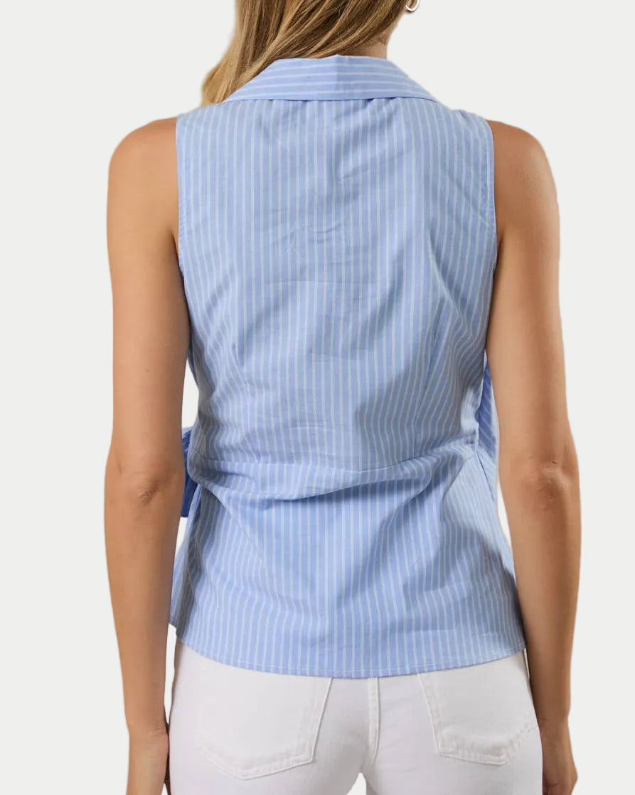 woman wearing a striped blue/white sleeveless top back view