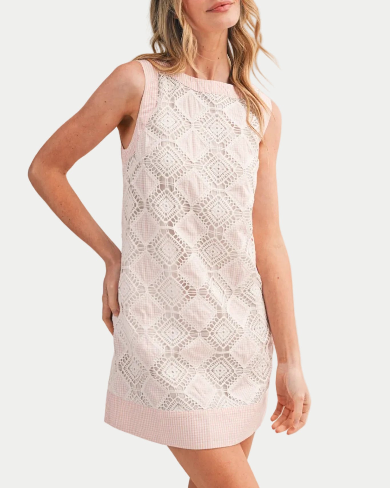 GINGHAM AND CROCHET SLEEVELESS MINI DRESS MDR4867 - Blackbird Boutique