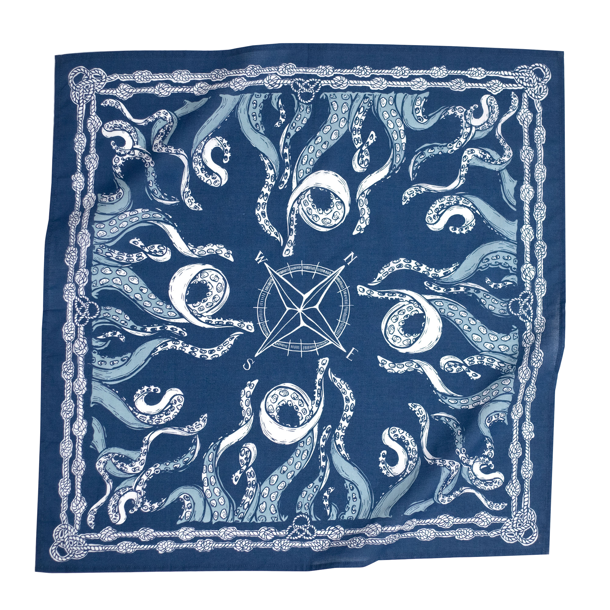 Nautical-themed bandana with octopus and compass design on a blue background