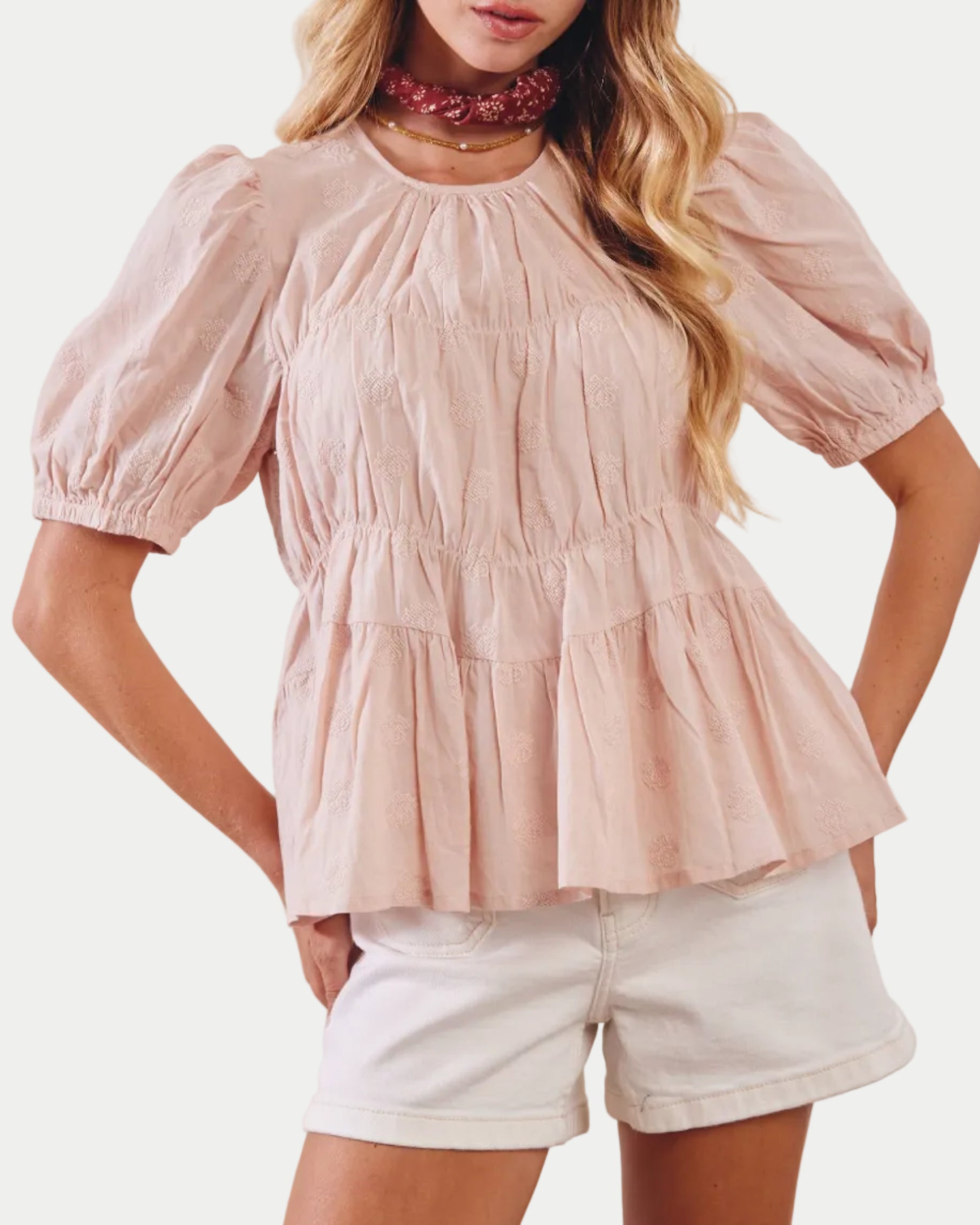 Embroidered Rose Peplum Blouse LT1458: Rose Latte / Contemporary / S - Blackbird Boutique