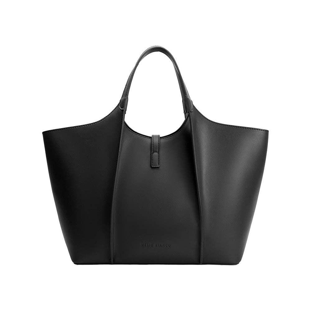 Black leather tote bag on a white background