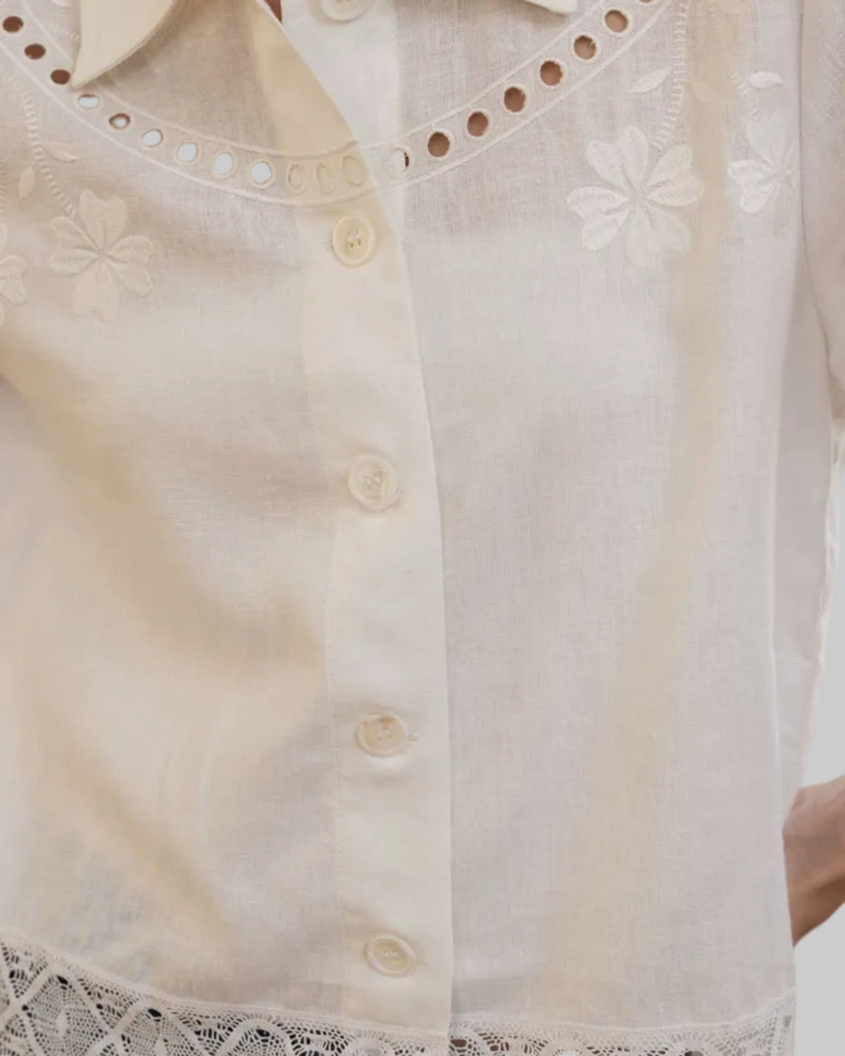 White lace-trimmed blouse with a blurred background