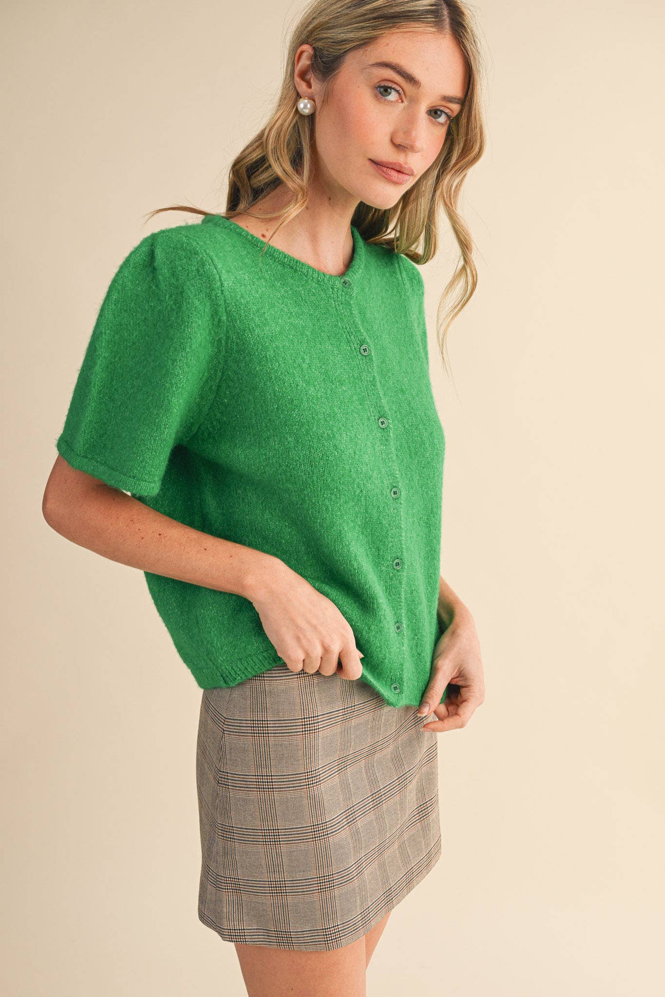 SHORT PUFF SLEEVE SWEATER CARDIGAN