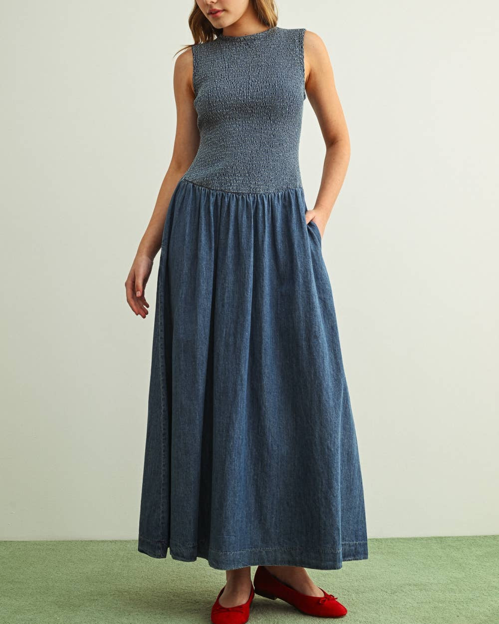 Loretta Cotton Smocked Sleeveless Denim Maxi Dress